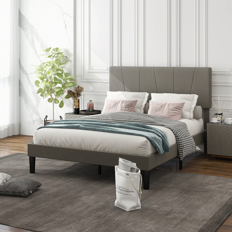 HOMCOM Bed Frame With 5-Level Adjustable Headboard Wooden Slats