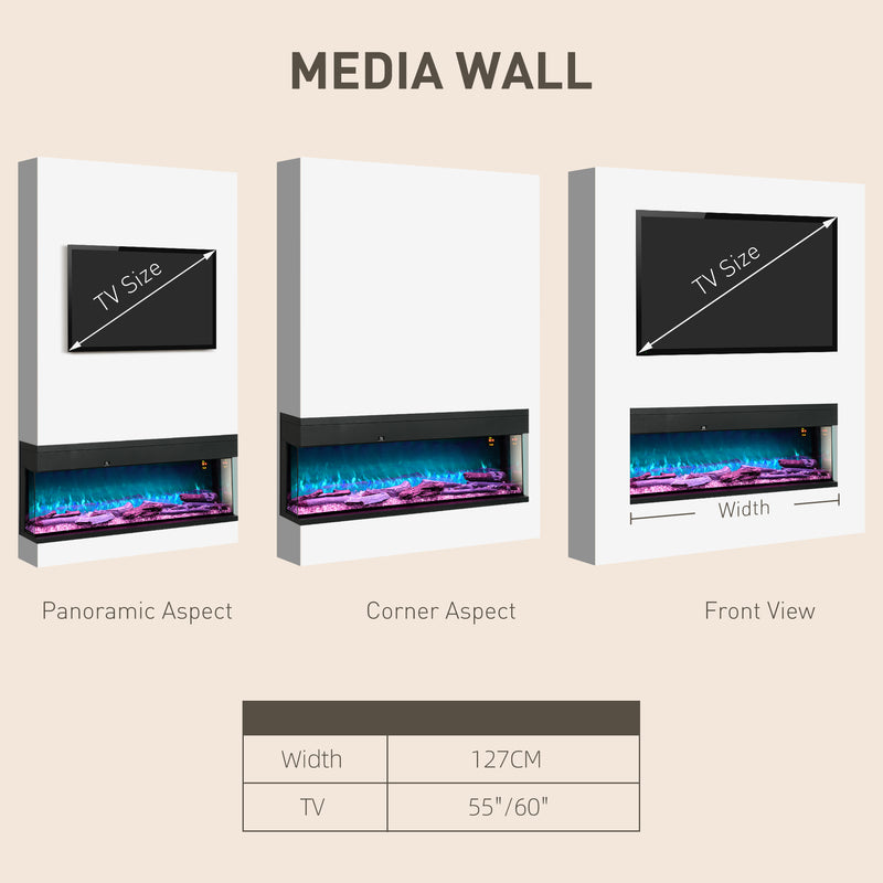 HOMCOM 127cm Electric Fireplace Recessed, Insert, Wall Mount, Freestanding