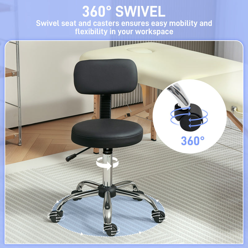 HOMCOM Rolling Stool with Backrest, Wheels, Faux Leather Salon Chair