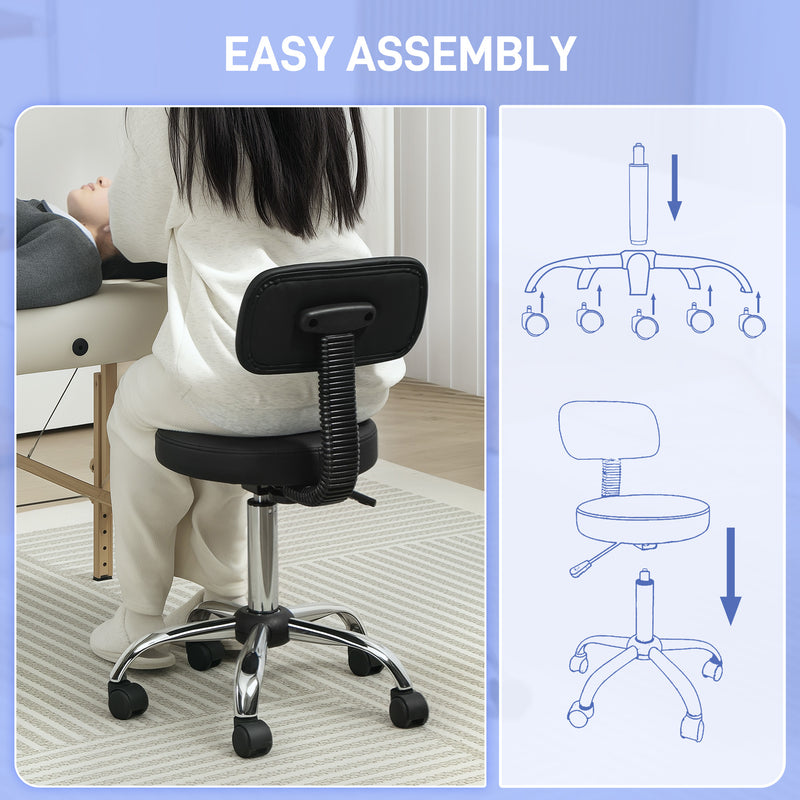 HOMCOM Rolling Stool with Backrest, Wheels, Faux Leather Salon Chair
