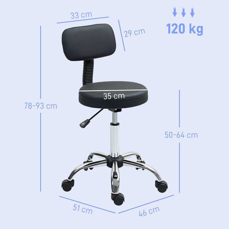 HOMCOM Rolling Stool with Backrest, Wheels, Faux Leather Salon Chair