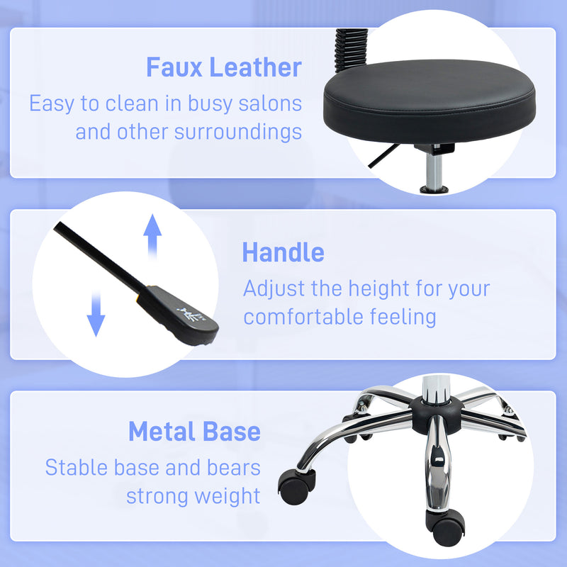HOMCOM Rolling Stool with Backrest, Wheels, Faux Leather Salon Chair