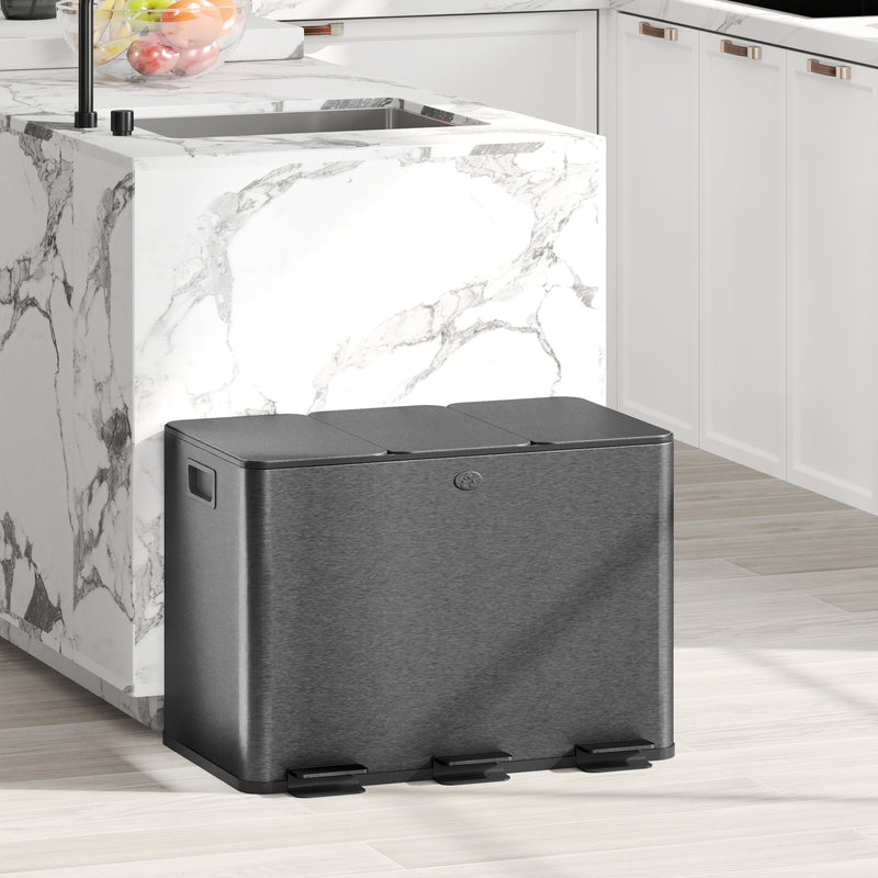 HOMCOM 3 x 20L Triple Kitchen Bin Pedal Bin for Recycling and Waste, Black