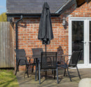 Outdoor 4 Person Rectangular Glass Top Garden Dining Table Chairs With Black Parasol and Base Set