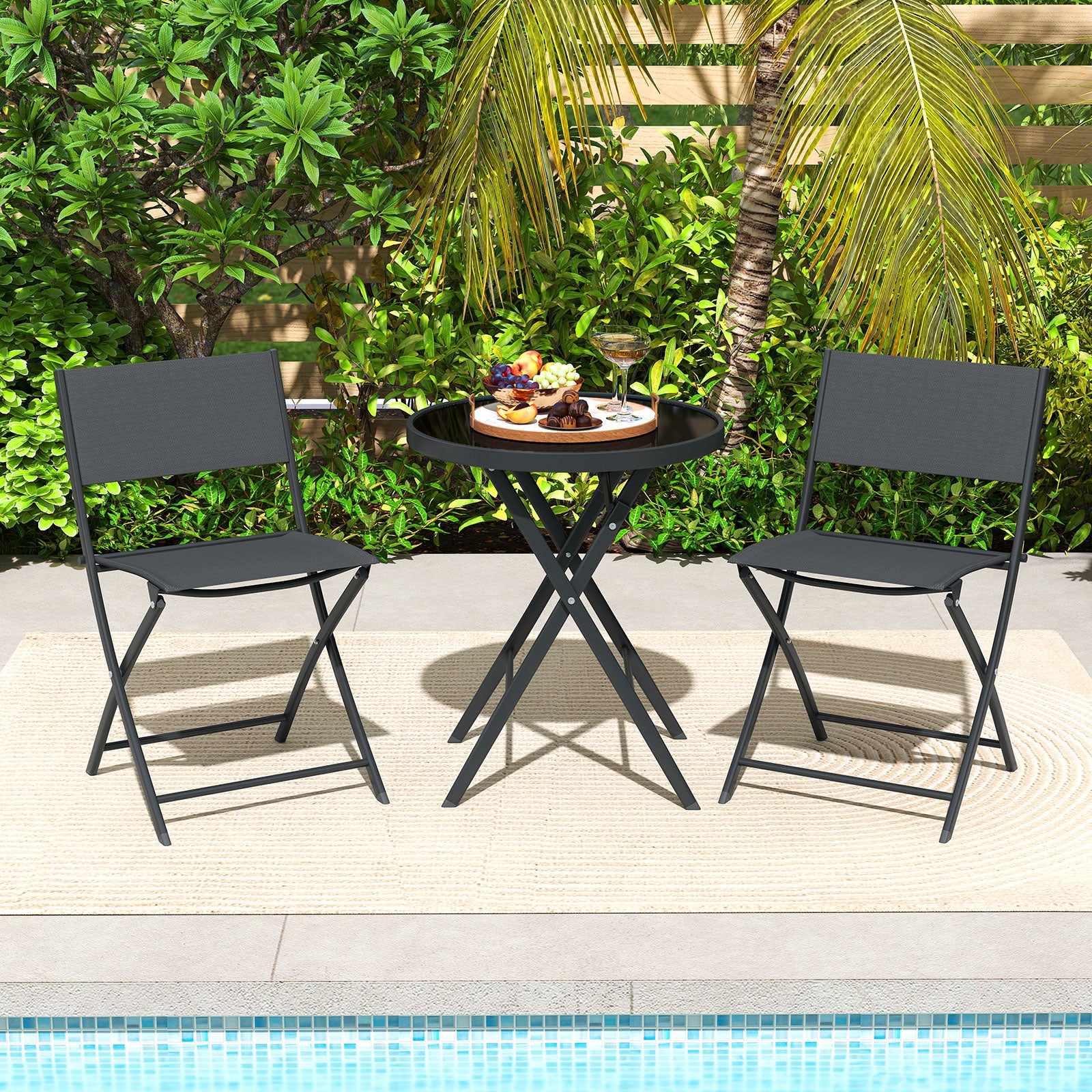 3 Piece Folding Bistro Set Patio Dining Furniture with Breathable Fabr