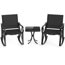 3-Piece Patio Rocking Bistro Rocker Chairs Set with Glass-Top Side Table-Black