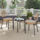 3 Pieces PE Wicker Outdoor Bistro Set Patio Conversation Set with Tempered Glass Coffee Table and Rattan Chairs-Brown