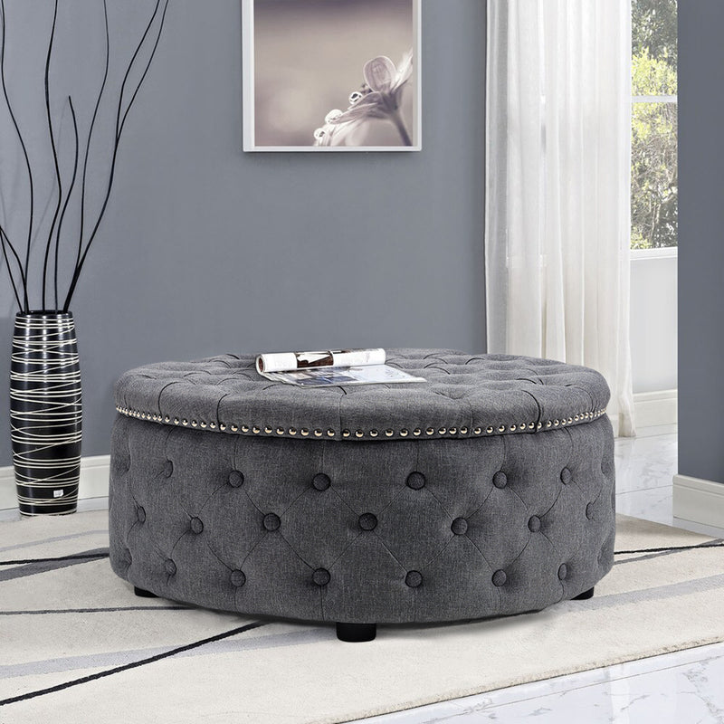 Livingandhome Stylish Round Ottoman with Nailhead Trim