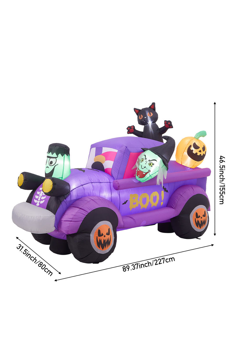 5ft Halloween Witch Driving a Car with Horror Frankenstein, Black Cat and Jack-o'-lantern Inflatable with Build-In LED
