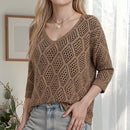Solid Hollow Out Knitted Cover Up Top with Long Sleeves