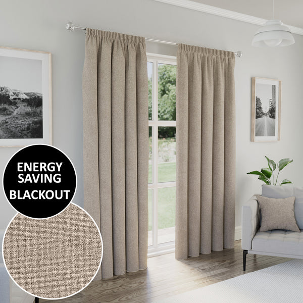 Enhanced Living Dallas 100% Blackout Thermal Natural Curtains With 3" Tape Top Header - Pair
