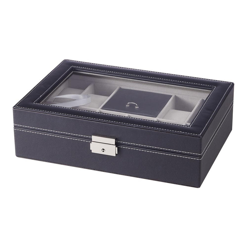 Sheonly 8-Slot Black PU Leather Watch Display Box with Ring Slots