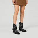 Embroidered Pointed Toe Cowboy Ankle Boots With Block Heel - Black