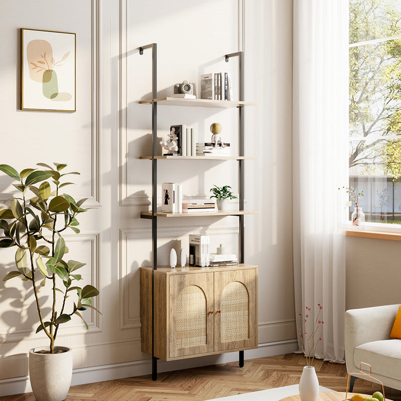 Livingandhome Wooden Bookshelf with Rattan Cabinet
