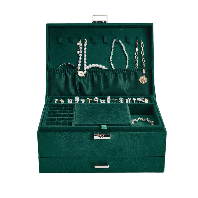 Sheonly 3-Tier Dark Green Velvet Jewellery Box with Lock