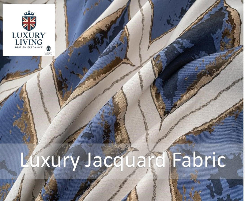 Luxury Diamond Jacquard Fully Lined Ring Top Curtains with Metallic Thread Blue/Gold