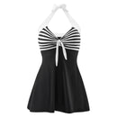 Tummy Control One-Piece Swimsuit Swim Dress Black & White Stripe