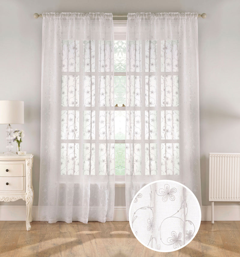 Pair of Belle White Sheer Floral Embroidery Voile Panels with Rod Pocket Header