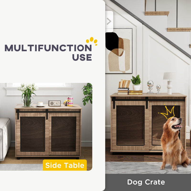 PawHut Dog Crate Furniture w/ Sliding Door, Walnut Brown