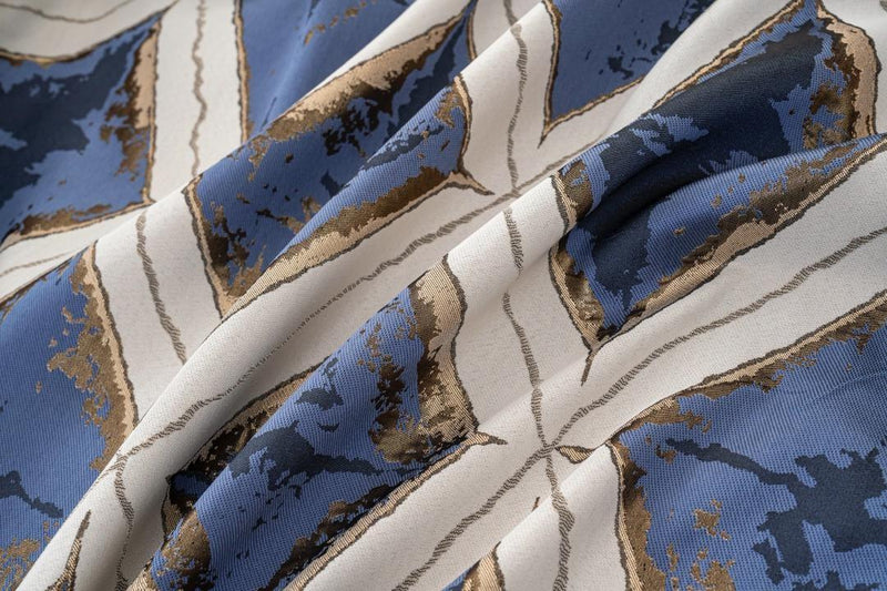 Luxury Diamond Jacquard Fully Lined Ring Top Curtains with Metallic Thread Blue/Gold