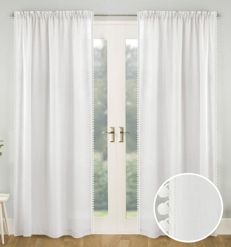 Pair of Tahiti  White Pom-Pom Trim Linen Look Voile Panels with Rod Pocket Header