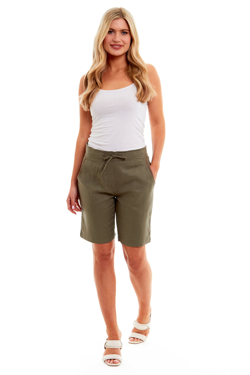 Ladies Linen Drawstring Shorts - Khaki