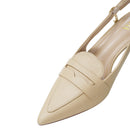 Slingback Pointed Closed Toe Loafer Kitten Heels - Beige