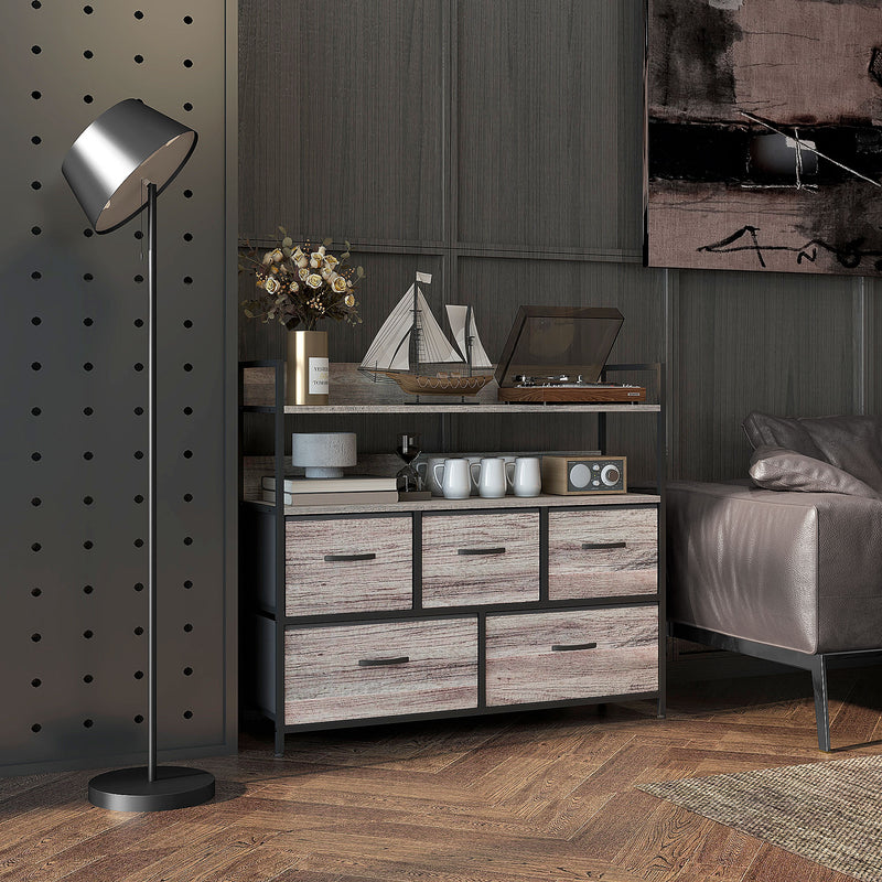 HOMCOM Bedroom Chest of Drawers 5 Drawer Dresser w/ Shelves, Grey Wood Effect