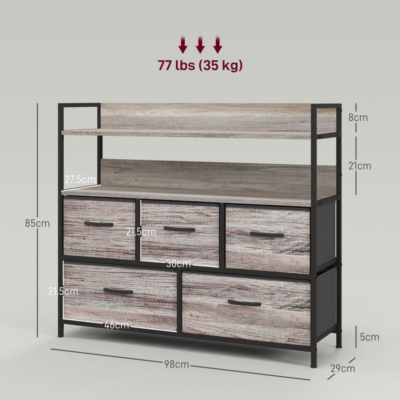 HOMCOM Bedroom Chest of Drawers 5 Drawer Dresser w/ Shelves, Grey Wood Effect