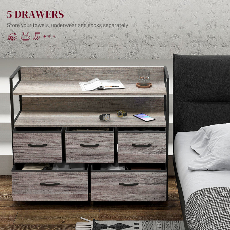 HOMCOM Bedroom Chest of Drawers 5 Drawer Dresser w/ Shelves, Grey Wood Effect