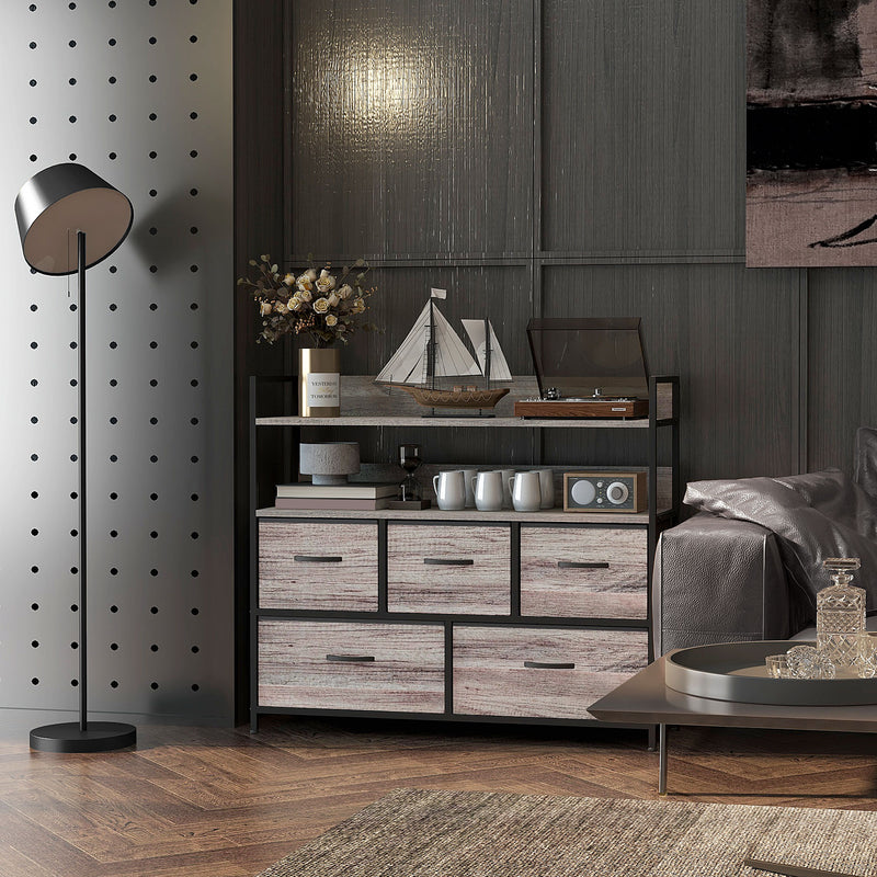 HOMCOM Bedroom Chest of Drawers 5 Drawer Dresser w/ Shelves, Grey Wood Effect