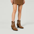 Embroidered Pointed Toe Cowboy Ankle Boots with Block Heel