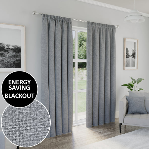 Enhanced Living Dallas 100% Blackout Thermal Grey Curtains With 3" Tape Top Header - Pair