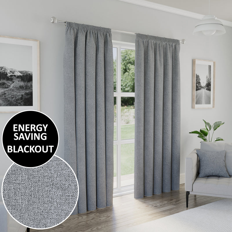 Enhanced Living Dallas 100% Blackout Thermal Grey Curtains with 3" Tape Top Header - Pair