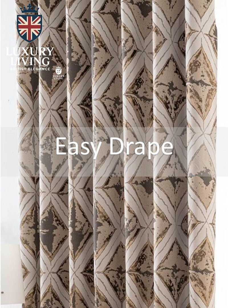 Luxury Diamond Jacquard Fully Lined Ring Top Curtains with Metallic Thread Cream/Gold