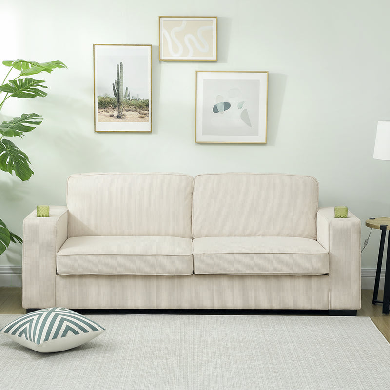 HOMCOM Modern 3 Seater Sofa Upholstered Corduroy Sofa Couch Cream White