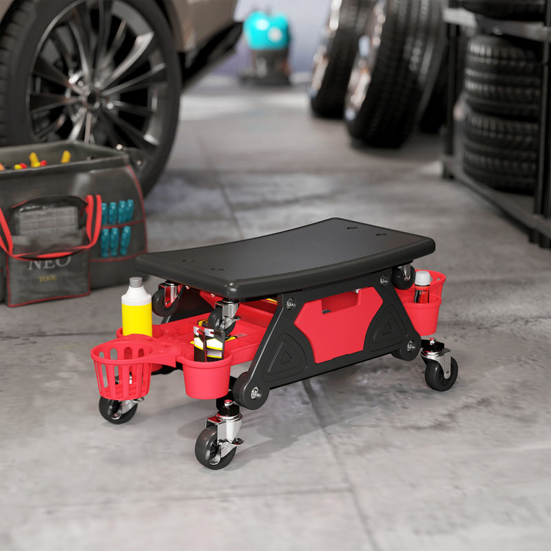 HOMCOM Rolling Mechanic Stool, 135kg Capacity Workshop Stool, Red