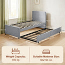 HOMCOM 90 x 190 cm Upholstered Single Bed, Pull Out Trundle Bed, Light Grey