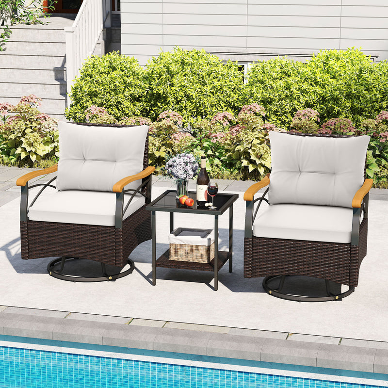 3 Piece Outdoor Swivel Chair Set Patio Wicker Rotating Chairs with Tab