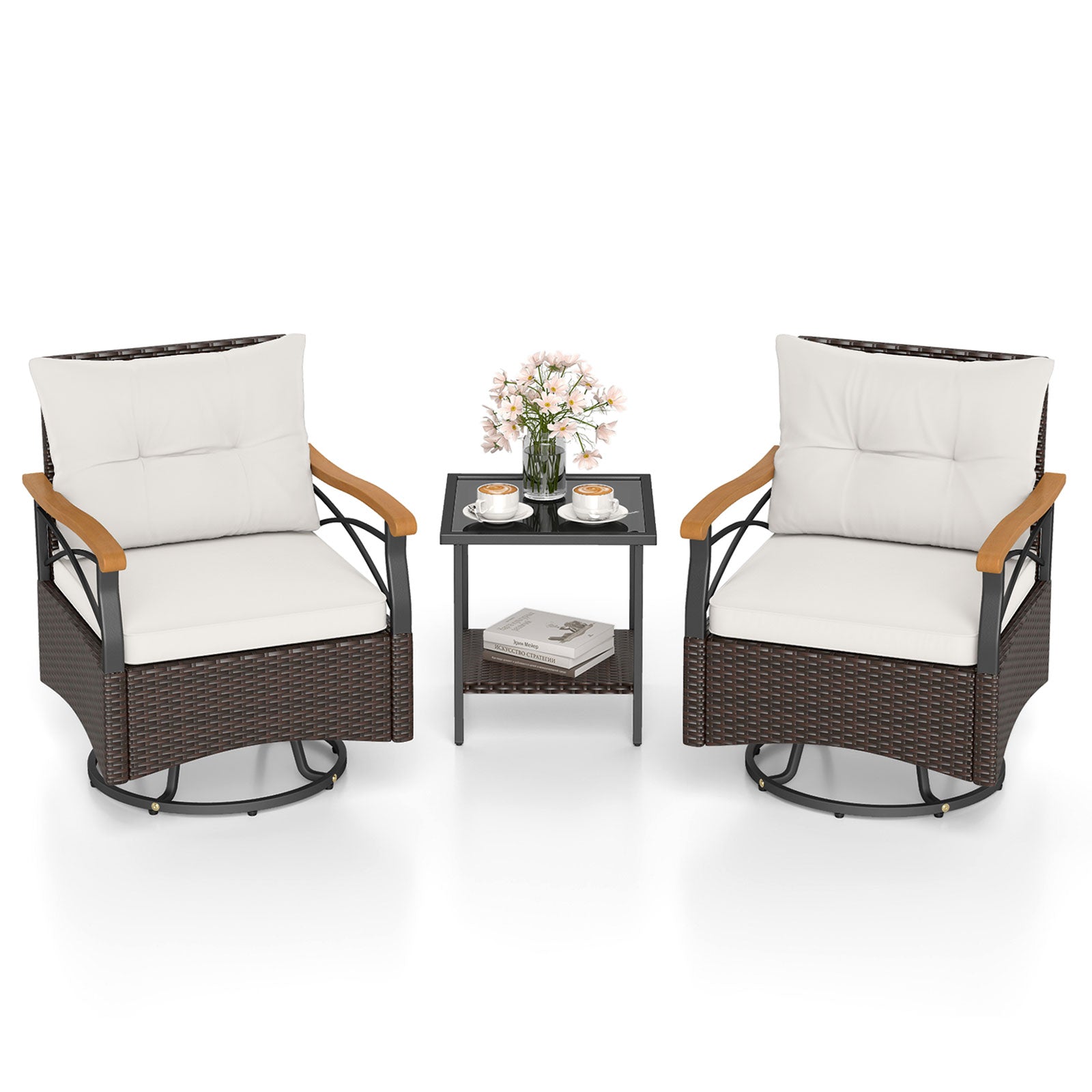 3 Piece Outdoor Swivel Chair Set Patio Wicker Rotating Chairs with Tab
