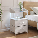 White Bedside Table with Charging Station and LED Lights