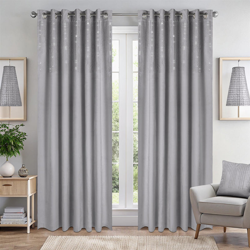 Triple Woven Blackout Velvet Ring Top Curtains with Cascading Diamante Studs Silver