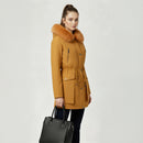 Hooded Mid-length Coat With Detachable Faux Fur Trim