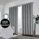 Luxury Enhanced Living Grey Velvet, Supersoft, 100% Blackout, Thermal Pair of Curtains with Eyelet Top