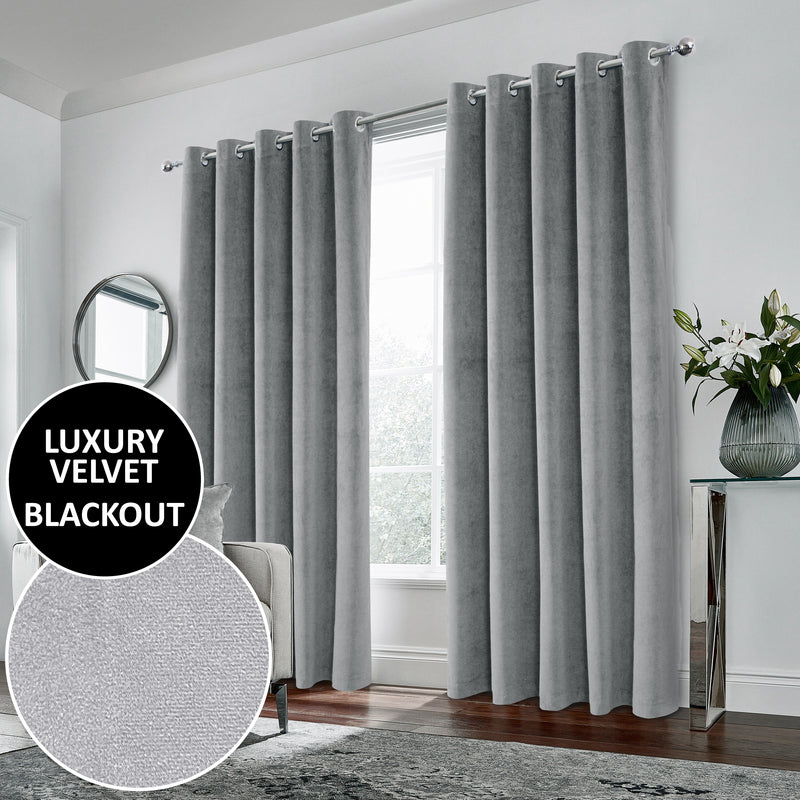 Luxury Enhanced Living Grey Velvet, Supersoft, 100% Blackout, Thermal Pair of Curtains with Eyelet Top