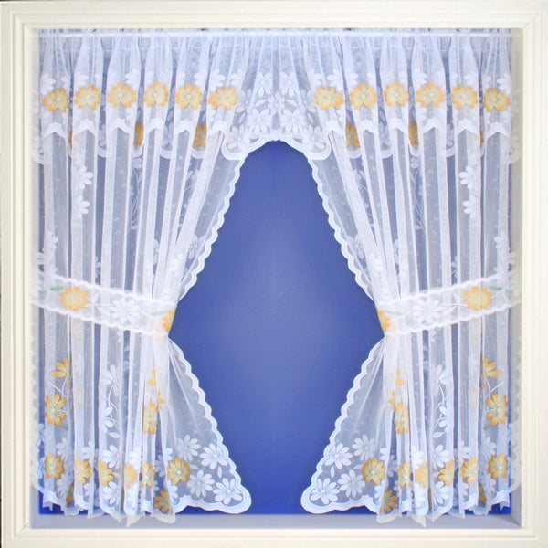 Primrose Marigold Yellow Floral Lace Window Set Spray Colour Rod Pocket Window Set With Attached Valance And 2 Matching Tie Backs