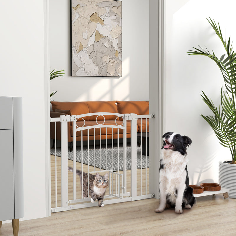 PawHut Stair Gate with Cat Door, Adjustable Width - White
