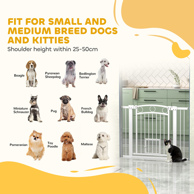 PawHut Stair Gate with Cat Door, Adjustable Width - White