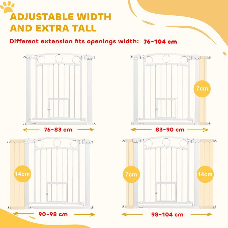 PawHut Stair Gate with Cat Door, Adjustable Width - White
