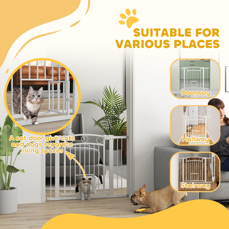 PawHut Stair Gate with Cat Door, Adjustable Width - White